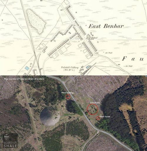 Six inch Ordnance Survey map surveyed c.1895 compared with modern aerial view. The 1910 survey showed an extended yard at the rear of the school, and new service buildings corresponding with the surviving remains.