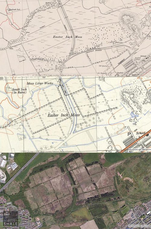 Maps from c.1938, showing the branch to the shale oil works still in place, and from c.1950 showing the branch cut short and narrow gauge tramways extending across the former trackbed to the eastern part of the moss.