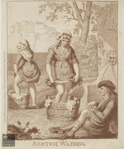 A prototype for later Scotch Washing images; an 1785 print by Scots charicaturist Isaac Cruikshank - this example from the collection of the National Portrait Gallery.