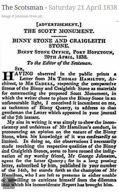 After great public debate, Binny stone was chosen for the construction of Edinburgh&#x27;s Scott monument.