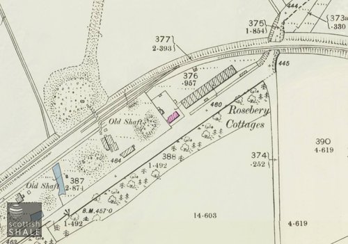 Rosebery cottage (highlighted pink), with Rosebery rows to the east, and the disused Easter Breich No.1 pit to the west. 25" OS map c.1895, courtesy National Libraries of Scotland.