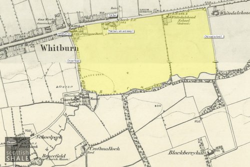 Probable area of the lands of Whitburn Inn, marked on the 1855 OS map - lands extend to 37 acres.