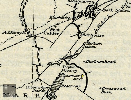 Location of Harburn mine, with the wide black line representing the outcrop of the Burdiehouse limestone. From "The Limestones of Scotland" Geological Survey 1949.