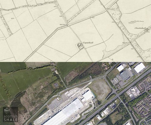 6" OS map c.1855 and a recent aerial view. Image courtesy of National Library of Scotland.