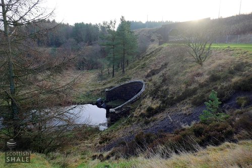 Hole No.3, with a culvert carrying the Breich water beneath the Caledonian Railway, showing exposed material from the ironstone pit bing, supporting little vegetation.