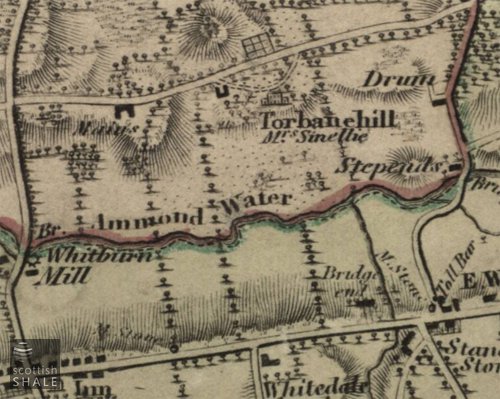 Torbanehill house and its "extensive prospect" south to the Almond, and its garden to the north. From Forest&#x27;s map of the Lothians, published 1819, courtesy National Library of Scotland