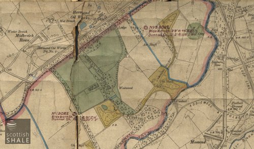 Part of a Plan showing boundaries of the Westwood estate, and the trial bores sunk by the Oakbank Oil company in about 1908. The ground beneath Westwood house and City Farm (marked green)are presumably excluded from the ground lease, as are the abandoned railway and mine sites marked yellow.