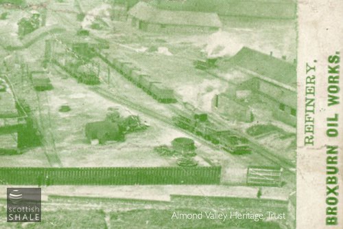Detail of a printed postcard c.1902 showing view from Albyn bing across Greendykes Road to the refinery site and the locomotive shed. Three Broxburn pugs can be seen in steam.