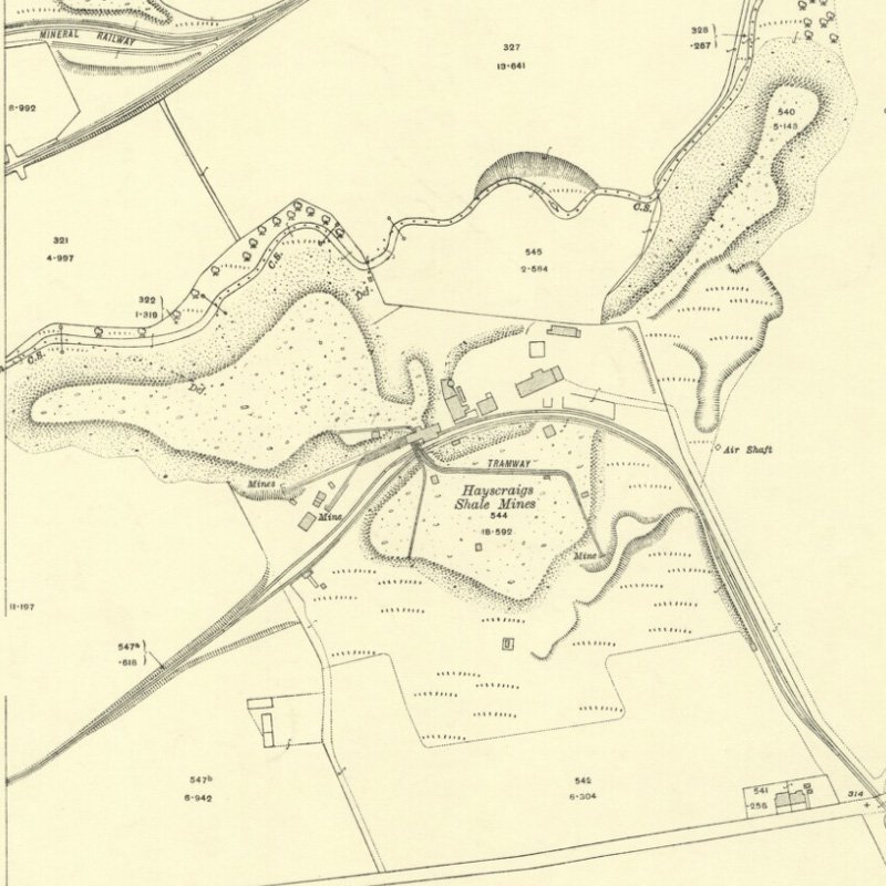 Hayscraigs Mines & Quarries - 25" OS map c.1916, courtesy National Library of Scotland
