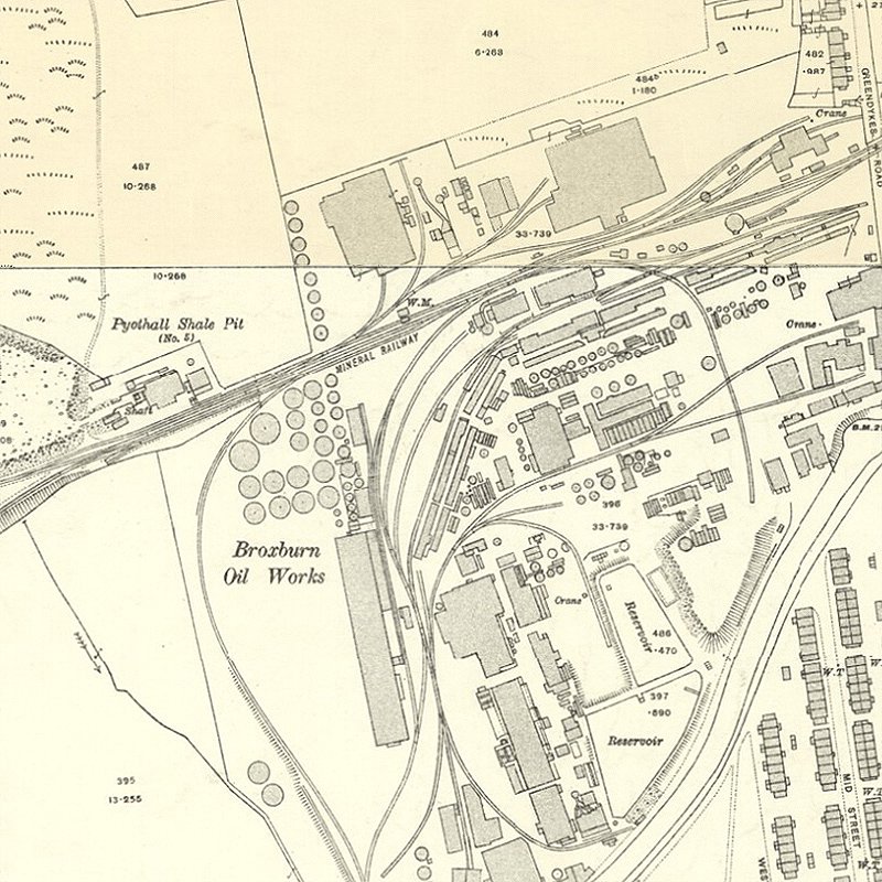 Broxburn: Greendykes (Hutchinson's) Oil Works - 25" OS map c.1914, courtesy National Library of Scotland
