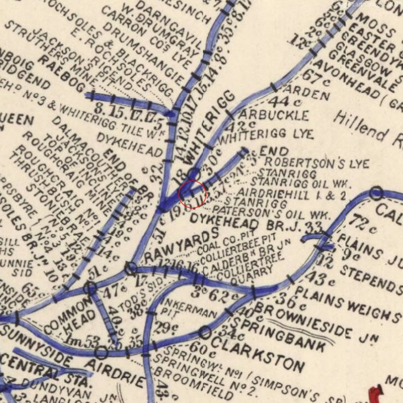 Whiterigg Oil Works (aka Craigmauken Chemical Works) - Ayre's railway map c.1875
